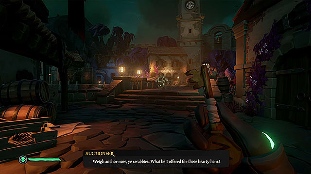 Le personnage du joueur tenant la clé Mercado et regardant vers une place de la ville avec des magasins.