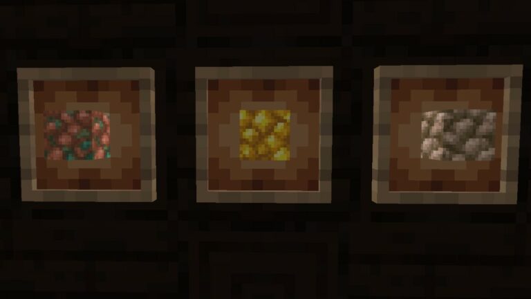 Blocks of Raw Ore in glowing item frames.