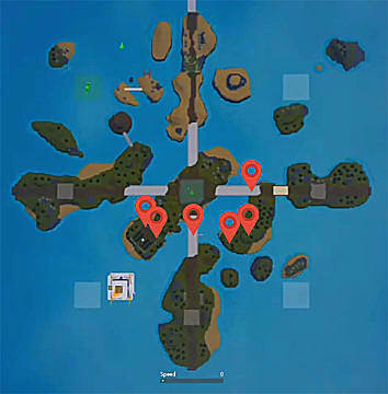 Carte des îles montrant les emplacements des coffres de pierres précieuses avec des marqueurs rouges. 
