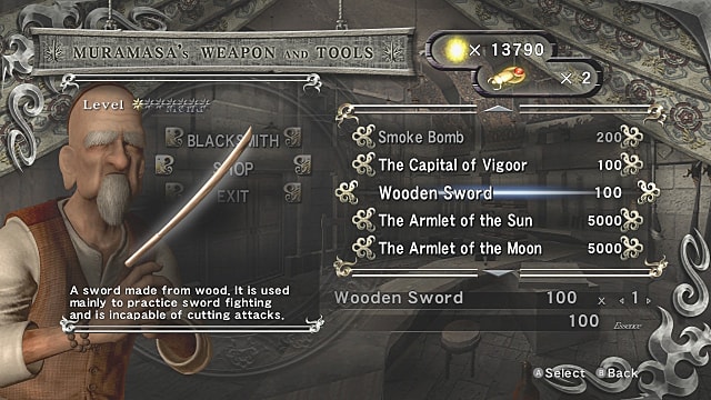 L'épée en bois dans le menu de la boutique d'armes et d'outils de Muramasa avec Muramasa en arrière-plan.