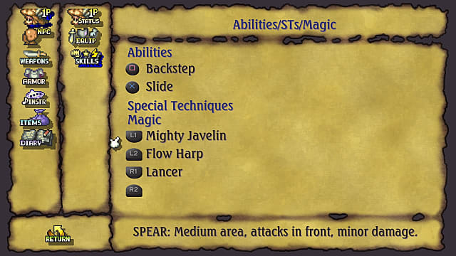 Menu des capacités de Legend of Mana mettant en évidence la technique Mighty Javelin.