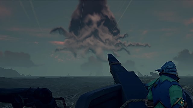 Une vue à la première personne, regardant par-dessus la proue d'un bateau pirate un nuage en forme de tête de Davey Jones avec des tentacules.