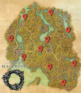Elder Scrolls Online : carte de Blackwood avec des marqueurs rouges indiquant les emplacements des éclats célestes dans le monde.