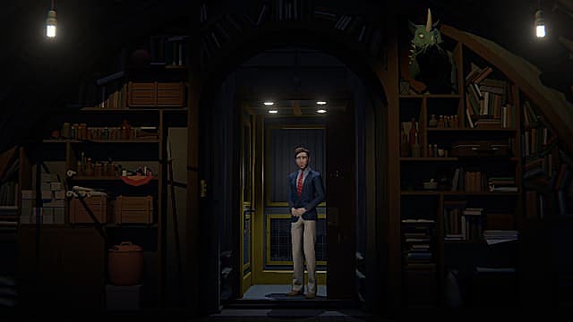 John en pantalon kaki, blazer bleu et cravate rouge debout dans un ascenseur éclairé à l'extérieur d'une pièce sombre.