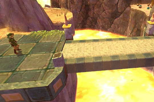 Link debout devant un pont du temple d'Eldin au-dessus d'une fosse de lave.