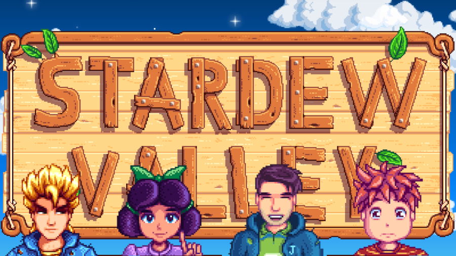 Quatre personnages devant l'écran d'accueil de Stardew Valley.