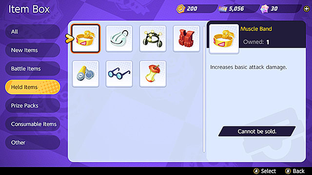 Le menu Item Box avec le sous-menu Hold Items en surbrillance, affichant sept éléments.