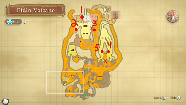 Carte du volcan Eldin montrant les emplacements des cinq pièces de la clé Eldin marquées en rouge.