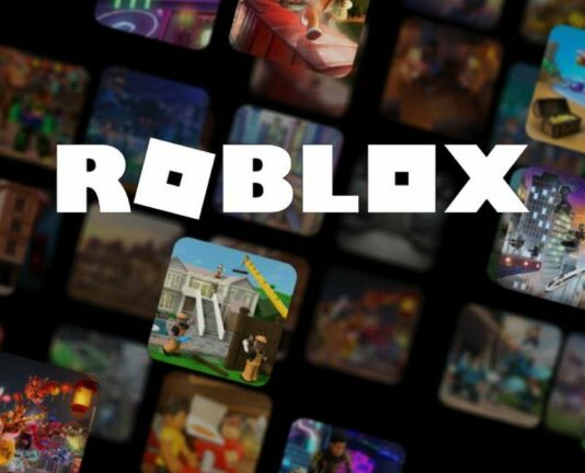 Roblox logo with a metaverse background
