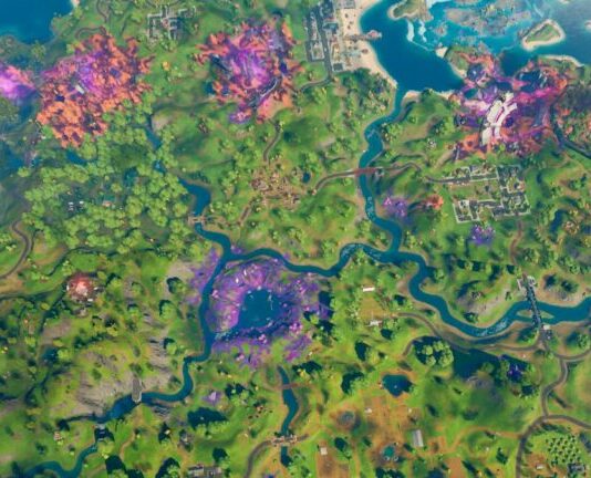 An overhead view of the island in Fortnite.