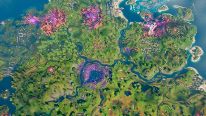 An overhead view of the island in Fortnite.