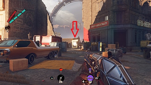 Le personnage du joueur tenant un fusil de chasse sur la place Updaam avec une voiture rétro-futuriste, des bâtiments en pierre et des caisses.