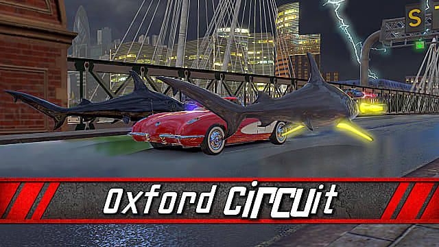 Deux requins faisant la course d'une voiture rouge sur un pont du circuit d'Oxford.