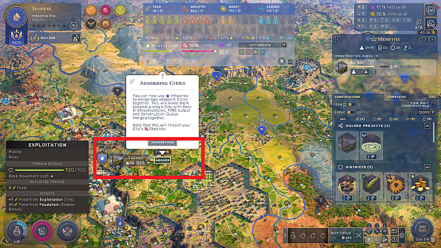 La carte Humankind, mettant en évidence une ville avec l'action Absorb City disponible.