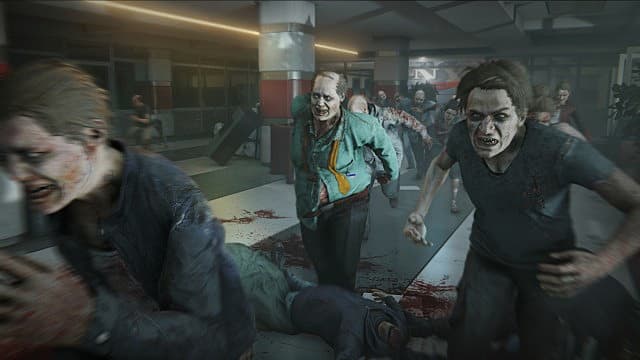 Zombies courant dans un centre commercial en ruine.