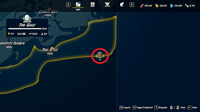Une capture d'écran de la carte Maneater montrant l'emplacement de l'île Plover.