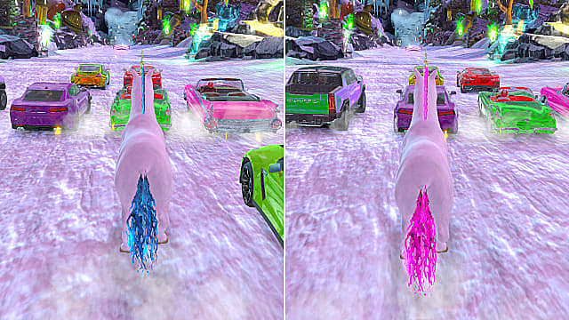 Deux licornes blanches, une avec une queue bleue et une autre rose, font la course contre des voitures en écran partagé.