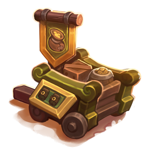 Le Merch Cart a un petit drapeau avec un sac d'or dessus.  Il est en bois, avec des roues et des poignées pour pousser.  On dirait qu'il est plein de paquets et de butin !