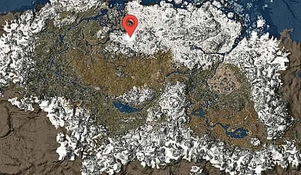 Une carte de Skyrim montrant l'emplacement du dragon squelettique.