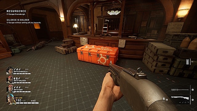 Une caisse de vendeur orange où les joueurs peuvent acheter des accessoires d'armes.