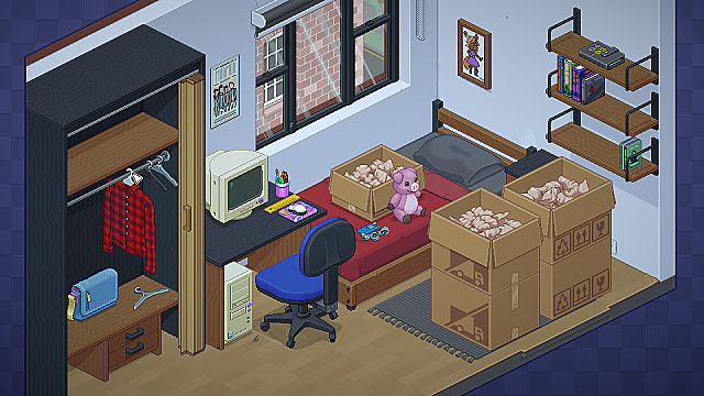 Une petite chambre avec des cartons de déménagement, un ordinateur et un cochon rose sur un lit.