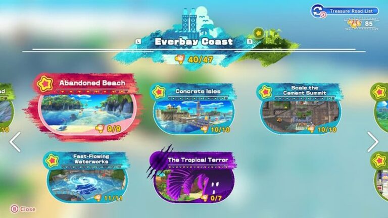 Toutes les missions d'étape pour Everbay Coast à Kirby and the Forgotten Land