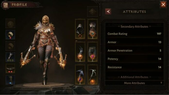 Character Menu with Attributes and Stats in Diablo Immortal