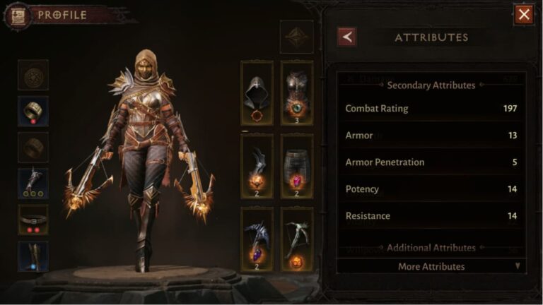 Character Menu with Attributes and Stats in Diablo Immortal