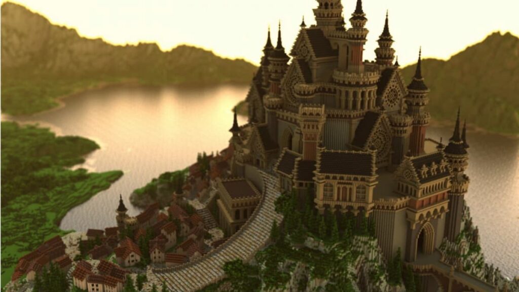 Le château de Minecraft teint dans la lueur du matin