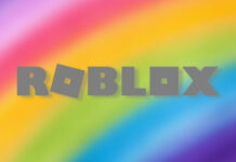 Roblox logo on a rainbow background for Pride Month
