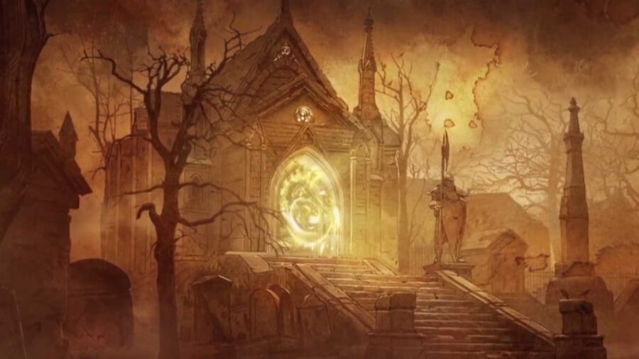 Diablo Immortal Key Art montrant une église avec un portail démoniaque à l'entrée