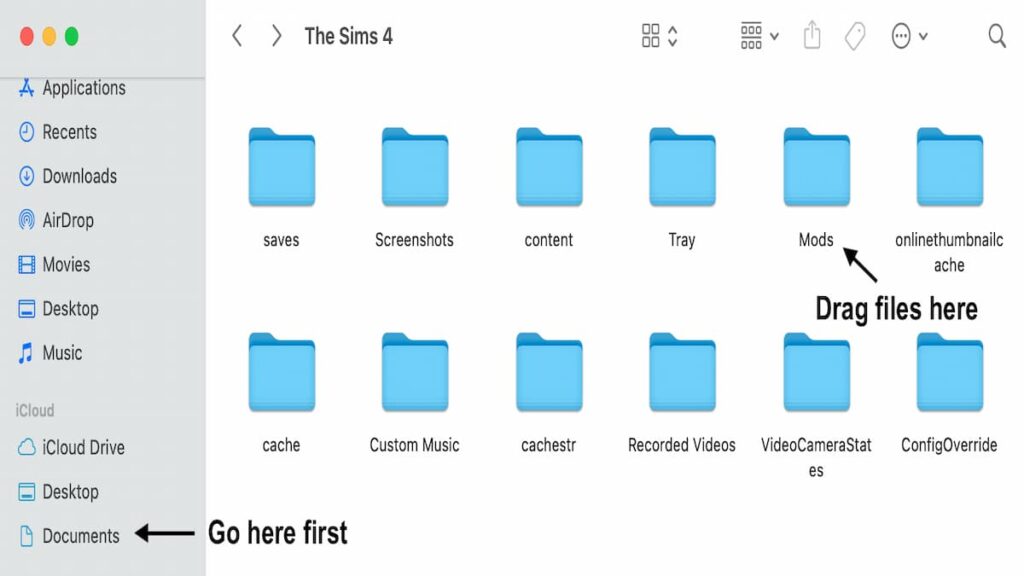 Fenêtre de recherche de Mac, affichant le contenu du document Sims 4 avec des flèches pointant vers les mots documents et mods