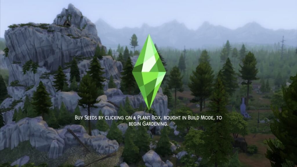 Image tirée de Moonlight Bay des Sims 4 avec une montagne rocheuse entourée d'arbres à feuilles persistantes.  Il y a de la brume qui assombrit les montagnes en arrière-plan.  Le premier plan présente le plumbob et le texte d'aide des Sims 4.