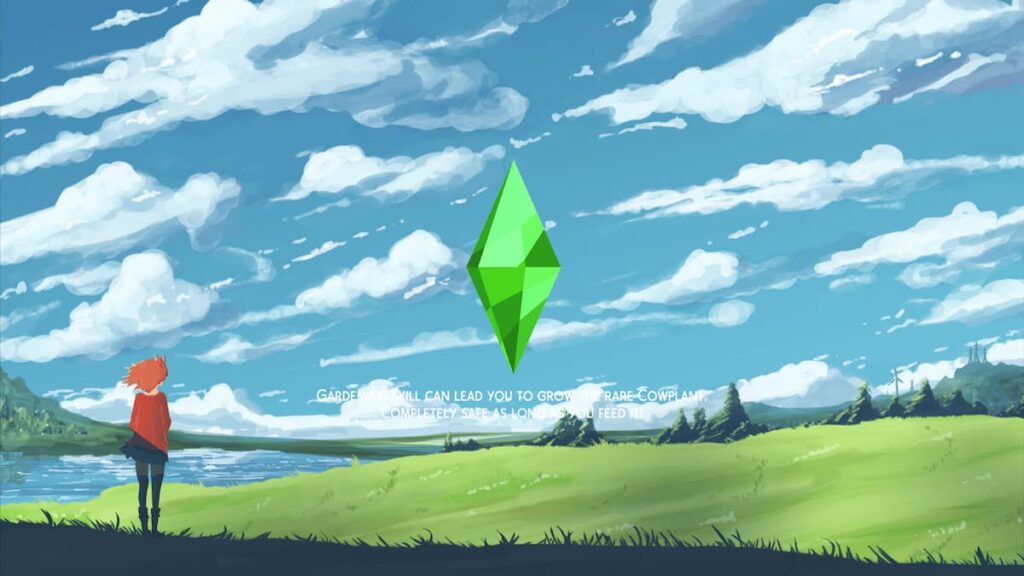 Illustration d'une personne en chandail rouge et sketch debout sur le côté gauche de l'image surplombant un champ vert.  Un bord d'un lac bleu est sur le bord de l'écran derrière la personne avec un ciel bleu avec des nuages ​​environnants.  Au centre de l'image se trouve le plomb et le texte d'aide des Sims 4.