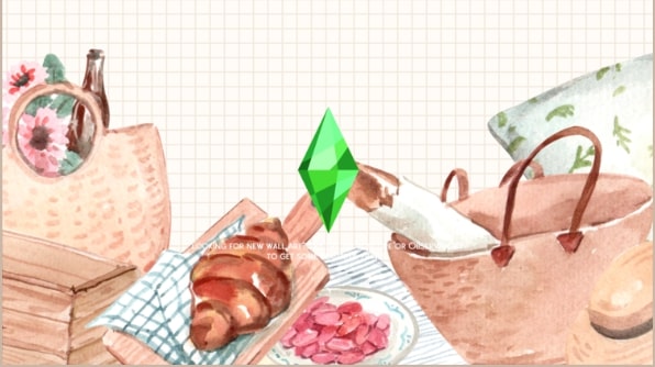Écran de chargement des Sims 4 avec plumbob vert au premier plan.  En arrière-plan se trouve une illustration de pique-nique superposée sur du papier quadrillé beige.  
