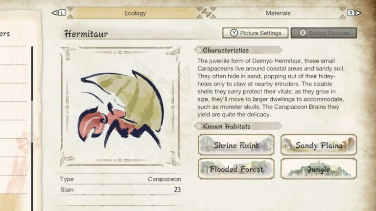 Tous les matériaux Hermitaur et les pourcentages de sculpture dans Monster Hunter Rise Sunbreak