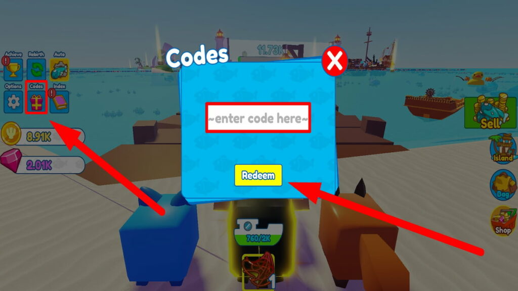 Zone de texte pour utiliser le code dans Pet and Fishing Simulator 