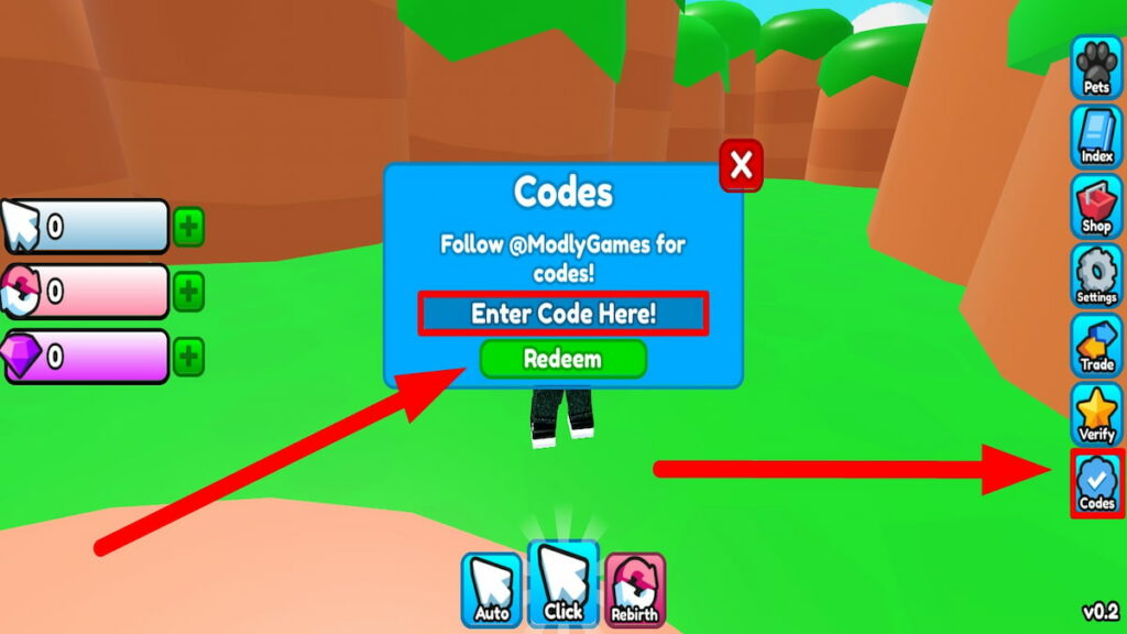 Utiliser la zone de texte du code pour Roblox Clicker League 