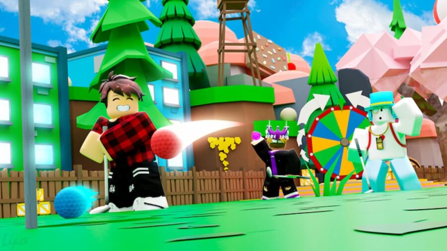 A character hitting the golf ball in Roblox Golf Swing Simulator