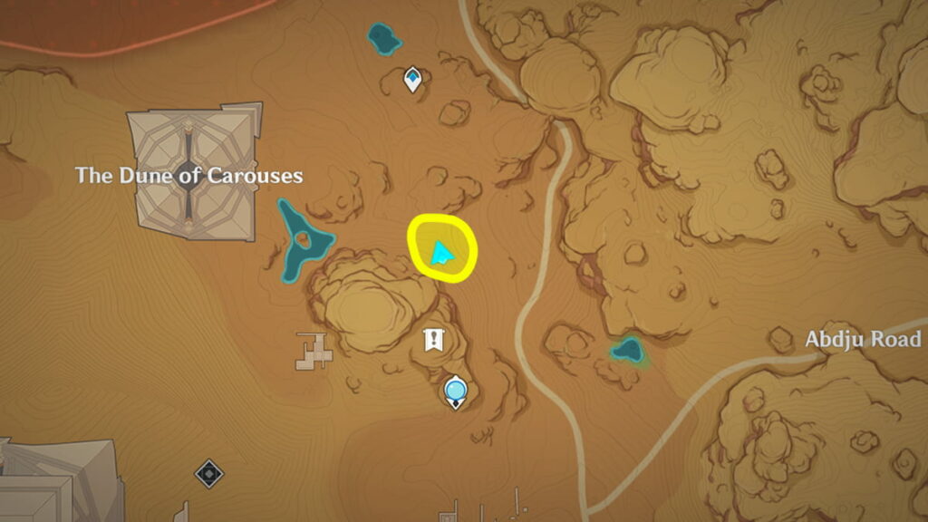 une carte du désert de sumeru avec le point à mi-chemin entre la Statue ouest des Sept et la Dune de Carouses Teleport Waypoint encerclé