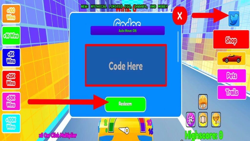 Utiliser la zone de texte du code pour Roblox Race Car Clicker 