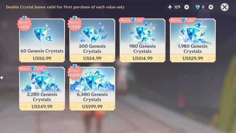 Combien de souhaits obtenez-vous des packs Crystal Top-Up dans Genshin Impact?