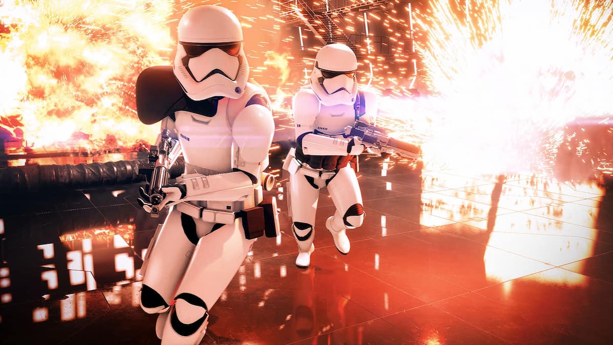 Storm Troopers s'enfuyant avec des flammes en arrière-plan
