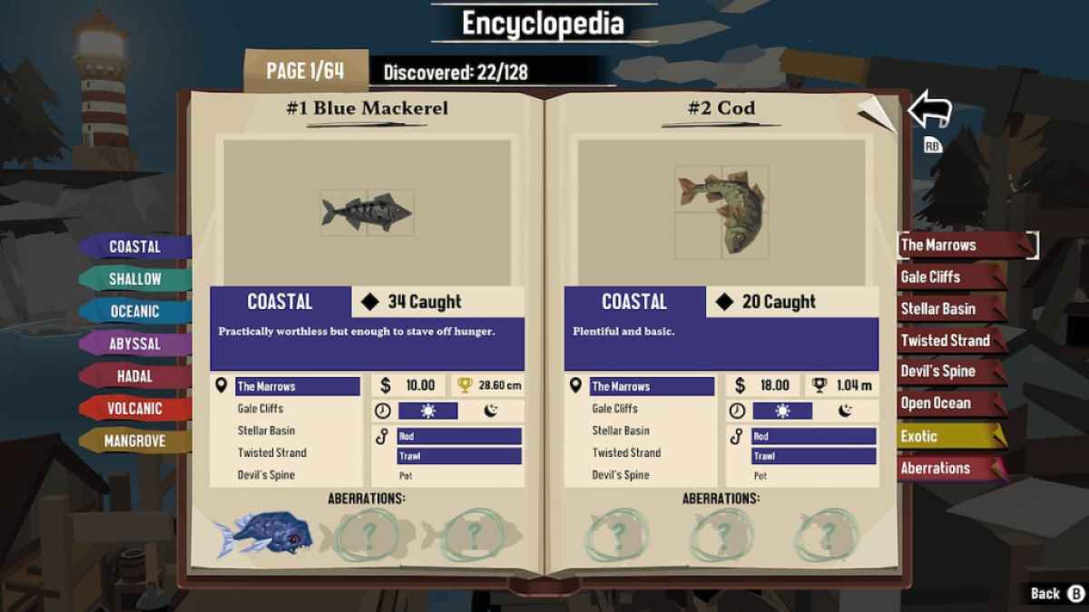Encyclopédie des poissons dans le jeu Dredge Cod Blue Mackerel