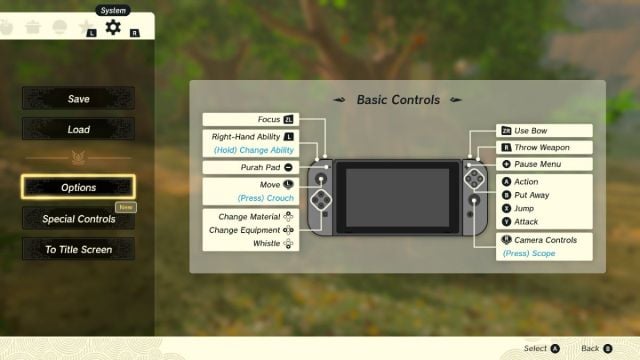 Menu des options de réglage de Zelda Tears of the Kingdom