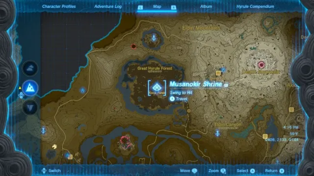 Zelda Tears of the Kingdom Musanokir Shrine Swing to Hit map location 
