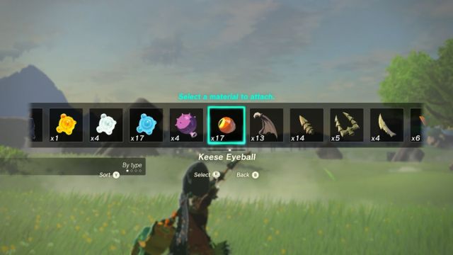 Fusionner des objets avec des flèches dans le menu de Zelda : Tears of the Kingdom