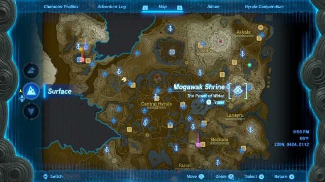 Zelda: Tears of the Kingdom Sanctuaire Mogawak Emplacement de la carte du pouvoir de l'eau