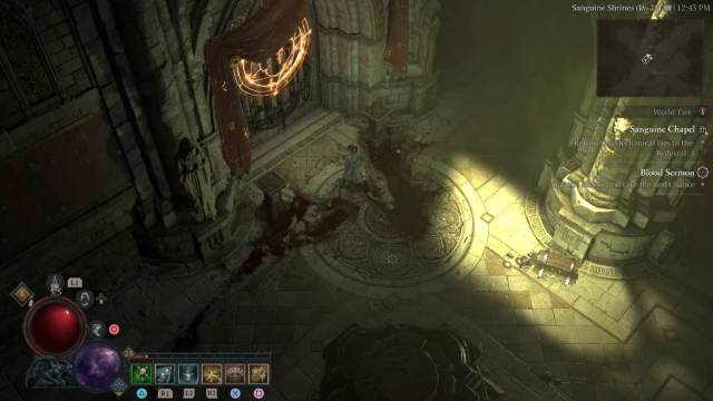 Diablo 4 Blood Sermon side quest Sanguine Chapel boîte mécanique piédestaux porte