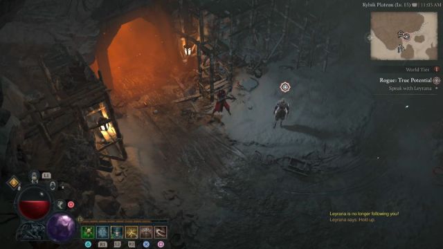 Diablo 4 Rogue True Potential Forsaken Quarry entrée du donjon avec Leyrana